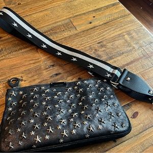 Jimmy Choo ⭐️ Stud collection distressed leather clutch looks like black denim.